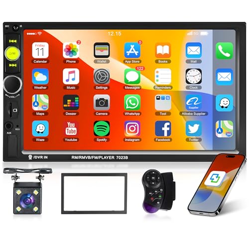 Autoradio 2 Din met Apple Carplay Android Auto Bluetooth handsfree-kit Autoradio met 7-inch aanraakscherm en Mirror Link Bluetooth FM-radio USB/AUX/TF stuurwielbediening Achteruitrijcamera Microfoons