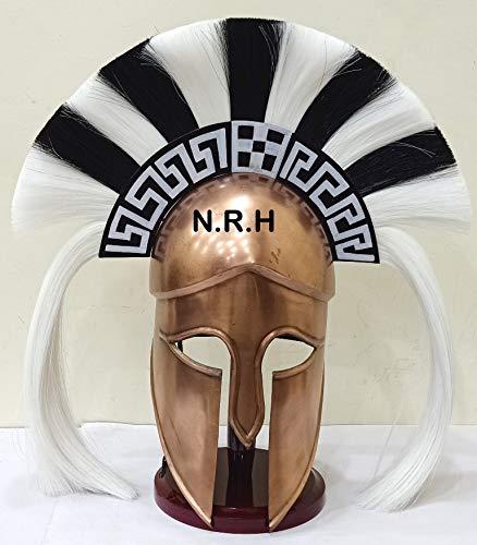 Greek Corinthian Helmet Ancient Medieval Armor Knight Spartan Copper Halloween Helmet with Black & White Plume with Wooden Stand