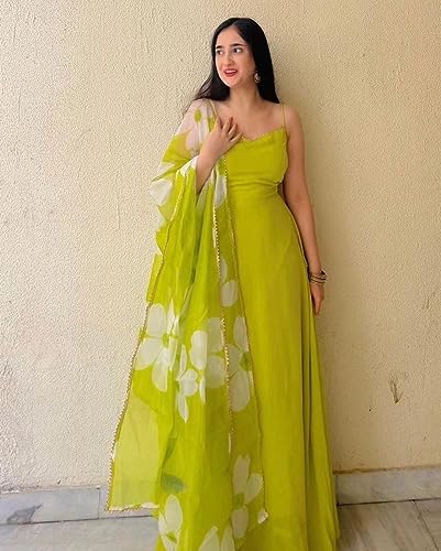 Image of Women's Georgette Sleeveless Maxi Long Gown with Duptta (580-SLEEVELESS-LIME)
