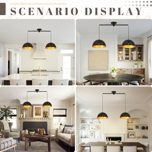 Image of 2-Light Black Linear Pendant Light, Metal Hanging Lamp Matte Finish