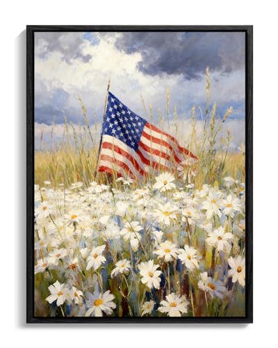 Image of American Flag Framed Canvas Wall Art, 4th of July Floral Canvas Prints, Wildflower Landscape Patriotic Decorations, Vintage Rustic Independence Day Wall Decor for Bedroom Living Room Office 12x16