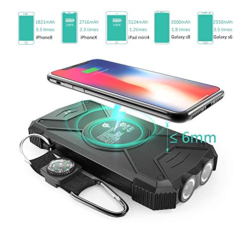 Solar Charger Wireless Power Bank, Portable 10000mAh Ultra-Compact External Battery Backup Pack Qi w 5V/2.1A Type-C Input,Solar Panel Emergency Charging, Dual Flashlights,Compass