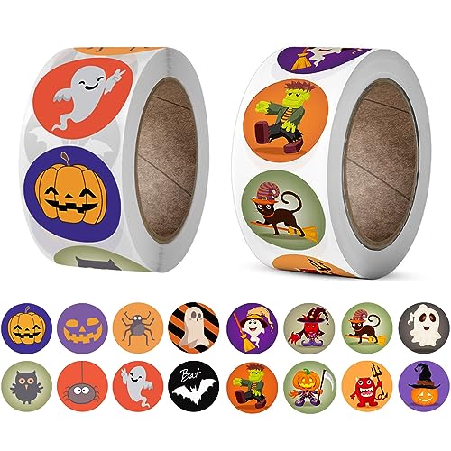 1000 PCS Halloween Stickers, Round Halloween Stickers for Kids Self Adhesive Sticker Roll Labels with Pumpkin, Bat, and Spider, Kid's Stickers Decals...