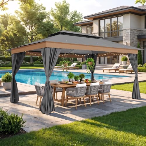 Image of COBIZI 10x15 Outdoor Patio Gazebo with Privacy Curtains, Gray | Soft Top Gazebo Double Roof, Dual Ceiling Hooks, Privacy Curtains, Heavy-Duty Steel Frame Canopy for Backyard, Deck & Garden