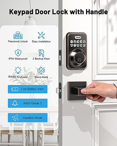 Image of Zowill Keyless Entry Keypad Deadbolt Lock with Handles, Oil Rubbed Bronze | 20+ User Password, One-time Code, Auto Lock, Anti-Peeping Password, Low Battery Alert, ANSI Grade 3, for Front Door