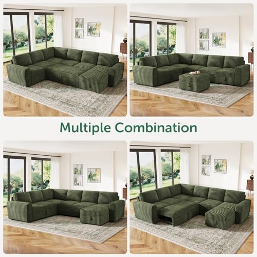 HONBAY Modular Sectional Sleeper Sofa with Pull Out Bed,Corduroy U Shaped Couch with Storage, Sectional Couches for Living Room,Green - Thumbnail 4