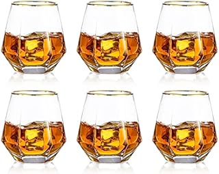 Diamond Whiskey Glasses Whisky Glass: Hanobe Gold Rim Geometric Tilted Drinking Glasses Set of 6 Stemless Water Glasses Cup Tumblers Old Fashion Elegant Modern Glass for Wine Cocktail Scotch 10oz