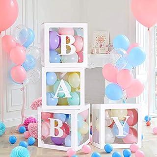 Baby Shower Decorations Boxes for Girl Boy Gender Reveal Decoration, 4Pcs White Transparent Baby Box with Letters BABY for Bridal Shower Christening Party Decorations Photography Backdrop