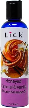 Lick Honeyed Caramel Vanilla Flavored Massage Oil Tropical Edible Massage Oil with Sweet Almond Oil & Vitamin E, Hydrating Body-Safe Formula for Relaxing Couples Massage, 4 oz