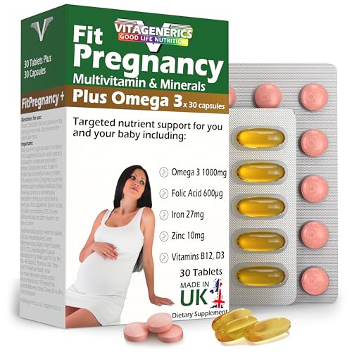 VITAGENERICS FitPregnancy Multivitamin & Minerals Plus Omega 3 | 30 Tablets Plus 30 Capsules | with 600µg Folic Acid, Iron, Zinc, B Vitamins & More. UK Made for Pregnant Women