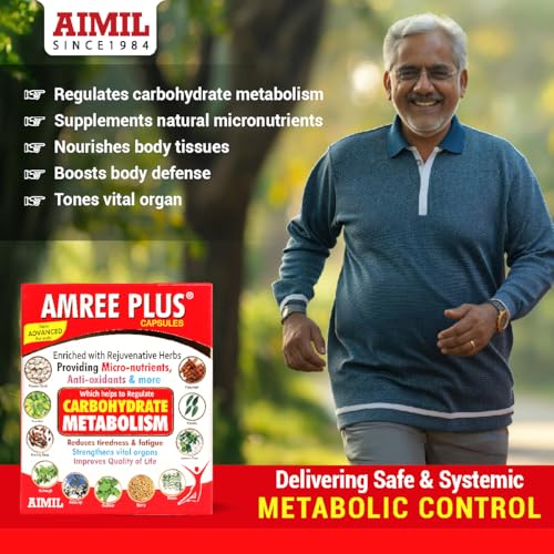Image of AIMIL Amree Plus Capsules - 20 Capsules | Ayurvedic Nutrient Supplement for Carbohydrate and Lipid Support | Natural Herbal Formula with Gudmar & Karela to Help Manage Tiredness & Fatigue (Pack of 3)