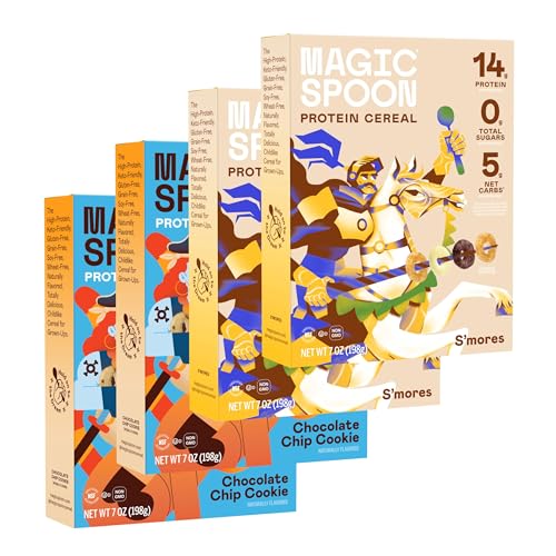 Image of Magic Spoon Cereal - High Protein Cereals - Sugar Free Snacks & Breakfast Food - Grain & Gluten Free Cereal - Healthy Snacks - Low Carb & Keto Friendly - 4 Pack: 2 Smores & 2 Chocolate Chip Cookie
