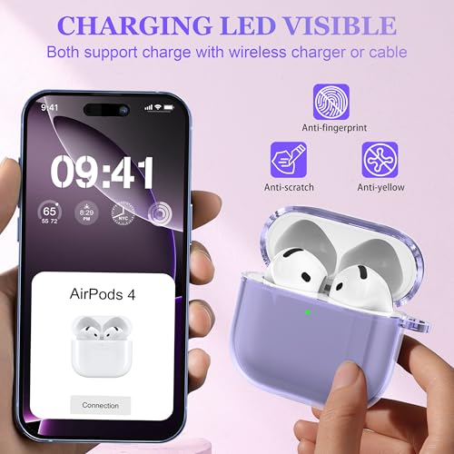 Image of for AirPods 4th Generation Case Cover 2024, Military-Grade Shockproof, Soft TPU Highly Transparent Anti-Yellowing for AirPods 4 Case with Cleaning Kit & Cute Round Buckle, Clear Purple
