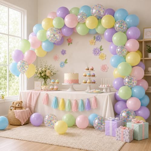 Image of Pastel Balloons, 60Pcs Colorful Balloon, 12 Inch Latex Pearl Yellow Purple Pink Blue Green Multicolor Confetti Balloons Helium for Kids Baby Shower Birthday Wedding Easter Pastel Party Decorations