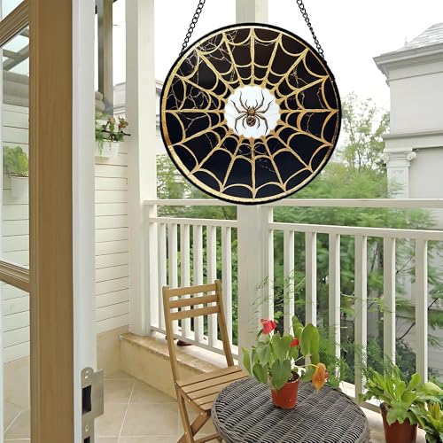 Image of Stained Glass Window Hanging - Black Gold Spider Suncatcher for Door Terrace Garden Home Decor Halloween Sun Catcher Christmas Birthday Gifts for Lovers Women Men Dad Mom Nana 15 in