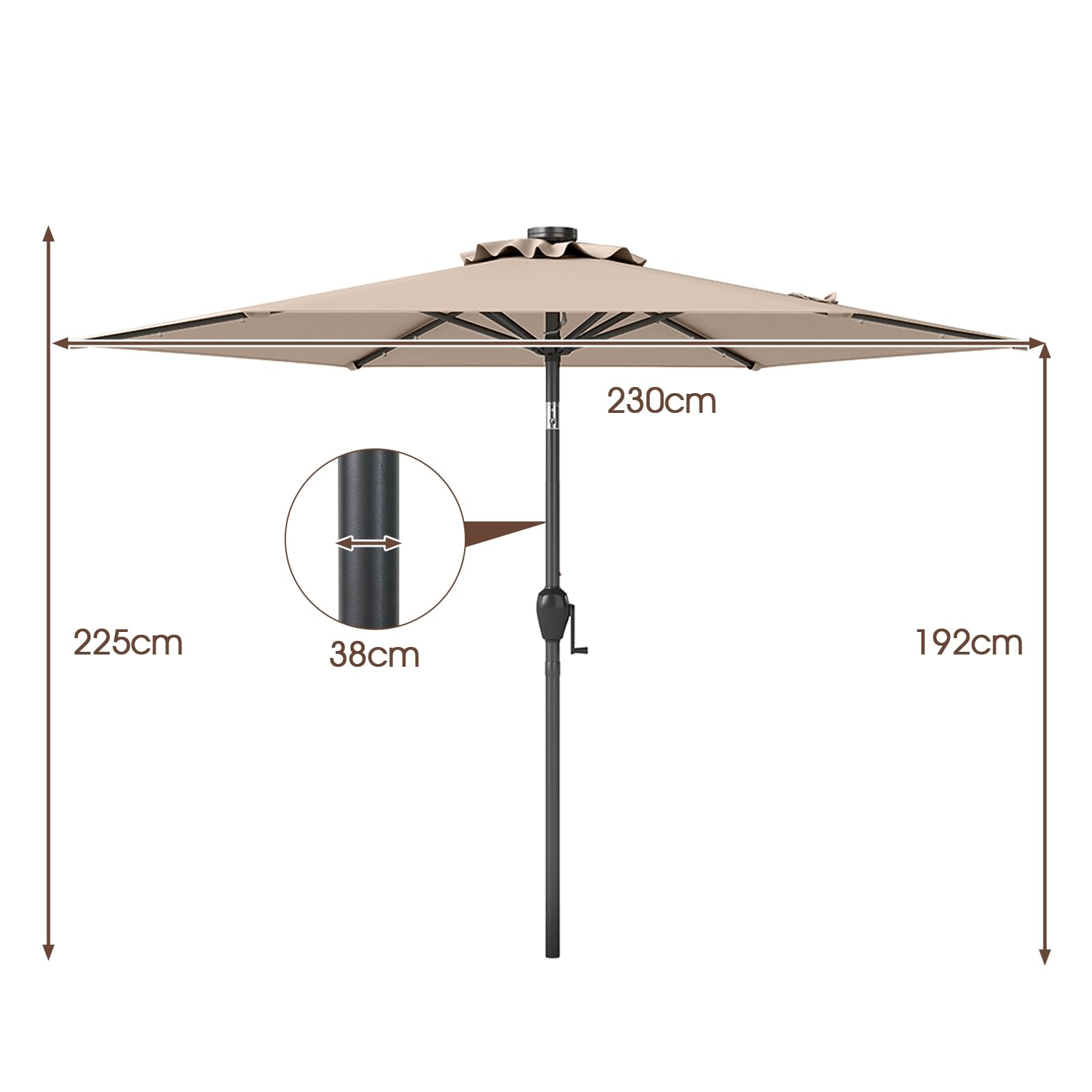GYMAX Ombrellone da Giardino 2,3 M con Luci, Pannello Solare, 6 Stecche, Manovella e Palo in Metallo Resistente, Ombrelloni Regolabile 35° per Esterni per Spiaggia Mare Terrazzo Patio