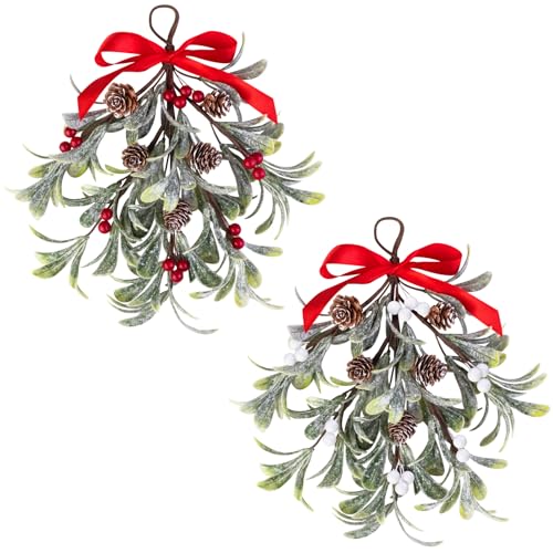 Mntrprko Artificial Christmas Mistletoe Decor 12 Inches Mistletoe Giant Kissing Hanging Bouquet for Xmas Floral Garland Decorations (2, Red, White)