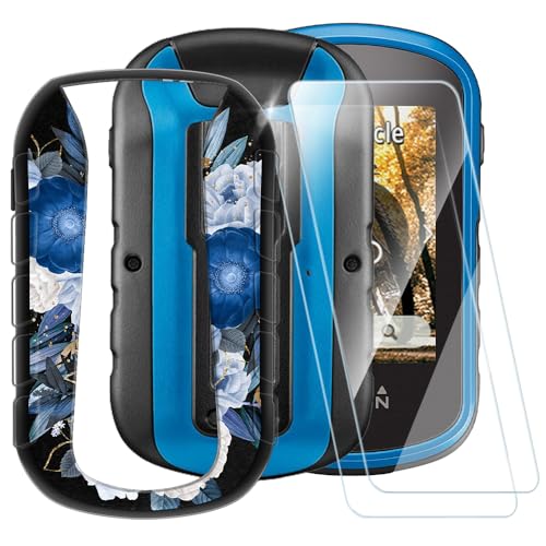 ESACMOT Funda con patrón de flores azules compatible con Garmin eTrex Touch 25 + [2 unidades] Protector de pantalla de vidrio templado, funda a prueba de golpes para Garmin eTrex Touch 35 (2.6