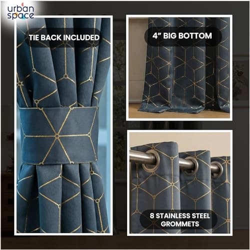Image of Urban Space 80-85% True Blackout Curtains for Door, Gold Foil Printed Blackout Curtains, Blackout Decorative Door Curtain Eyelet with Tieback, 1 Piece Curtain for Living Room(Hex Stone Grey, 7 Feet)