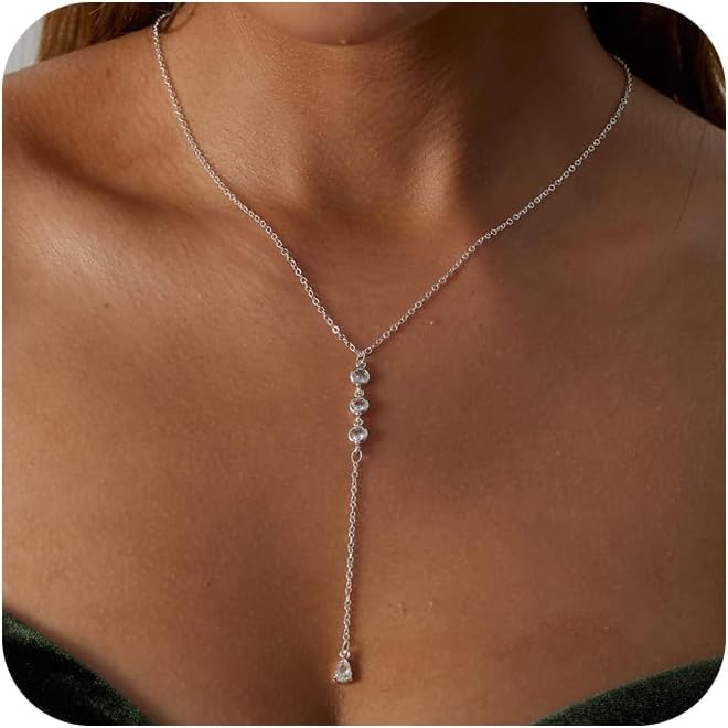 Pancert Gold Necklace for Women, Dainty Long Necklace 14k Gold Plated/Silver Y-Shaped Pendant Necklace Trendy Layered Cz Beaded Chain Lip chain Drop Necklaces for Women Gift Jewelry