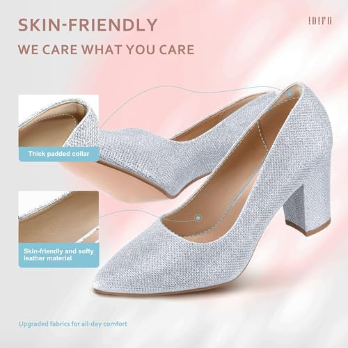 IDIFU Silver Pumps for Women Closed Toe Heels High Block Chunky Heels Work Office Heels Pointed Toe Dress Shoes for Bridal Wedding(Silver Glitter 7.5) by IDIFU - Used condition - Image 5