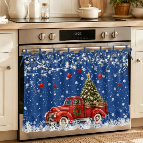 Christmas Winter Oven Skirt Curtain for Kitchen Decor 27 x 20 Inch Rustic Farmhouse Red Truck Snowflake Pine Tree Ruffle Oven Door Cover with Ties, Decorative Oven Skirt for Dishwasher, Stove, Cabinet