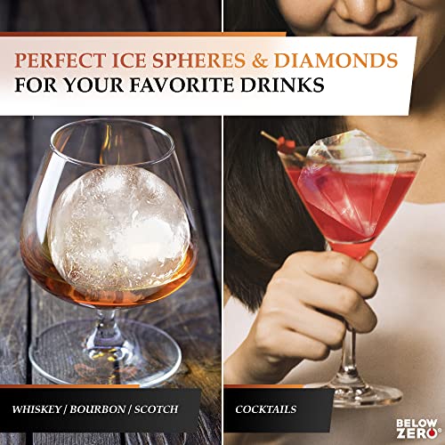 Whiskey Ice Cubes Sphere And Diamond Shape Ice Molds By Below Zero - 2 Pack - Easy Release Silicone Freezer Ice Ball Maker For Bourbon, Old Fashioned #TOP2