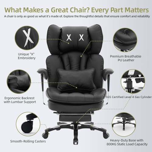Efomao Ergonomiczny fotel biurowy z podnóżkiem, regulowany fotel gamingowy z poduszką lędźwiową i zagłówkiem, obrotowy fotel komputerowy z funkcją odchylania
