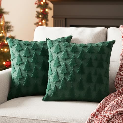 Image of JORcadis 2PCS 45 * 45cm Holiday Decor Pillow Cases, Christmas Cushion Covers,Green Christmas Cushion Covers, Soft Green Christmas Tree Design for Sofa and Bedroom, Festive Home Accents