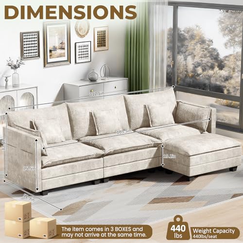 Image of LEVELEVE 112.5 inch L-Shape Modular Sofa with 1 Ottomans, Deep Seat Cloud Convertible Sleeper, 3 Throw 2 Arm Pillows, Comfortable Upholstered Furniture for Living Room Apartment, Beige