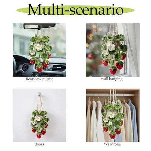 Image of Crochet Car Air Freshener Hanging, Cute Hanging Plant for Cars, Crochet Strawberry Plant with 10ml Empty Refillable Oil Diffuser Bottle, Handmade Boho Car Ornament Charms for Rear View Mirror, Red