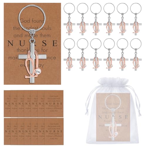 Sureio 12 Set Nurse Keychain Bulk for Women Cross with