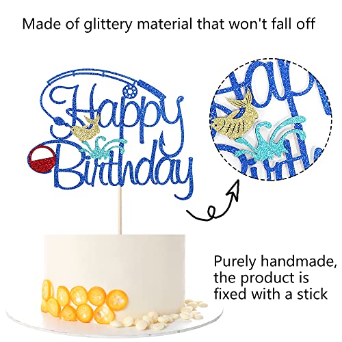 Kaoenla Fishing Birthday Cake Toppers - Glitter Happy Birthday Logo Hunting Camper Hunter, Retirement, Forest Animals Campfire Theme, Kids Boys Girls Birthday Party Supplies (Fishing) (Blue) #TOP1