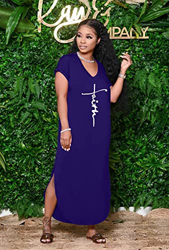 Image of Women Summer V Neck Loose Side Split Maxi Dresses with Pocket