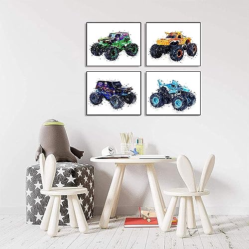 Monster Truck Theme Art Painting Watercolor Art Print Set Of 4 (8”X10” Canvas Picture) For Children Kids Boy Fts Kindergarten Room Bedroom Wall Art Decor Poster For Boys Birthday Gift No Frame, 8 X 10 Inch #TOP1
