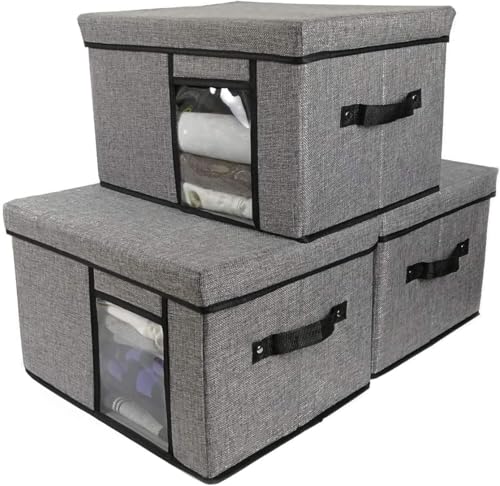 Image of SHIBUI Foldable Fabric Storage Bins with Lid, Clear Window, and Handles - Durable & Stackable Storage Solution for Home and Office - 16x12x10 inches. (Pack of 2, Grey)
