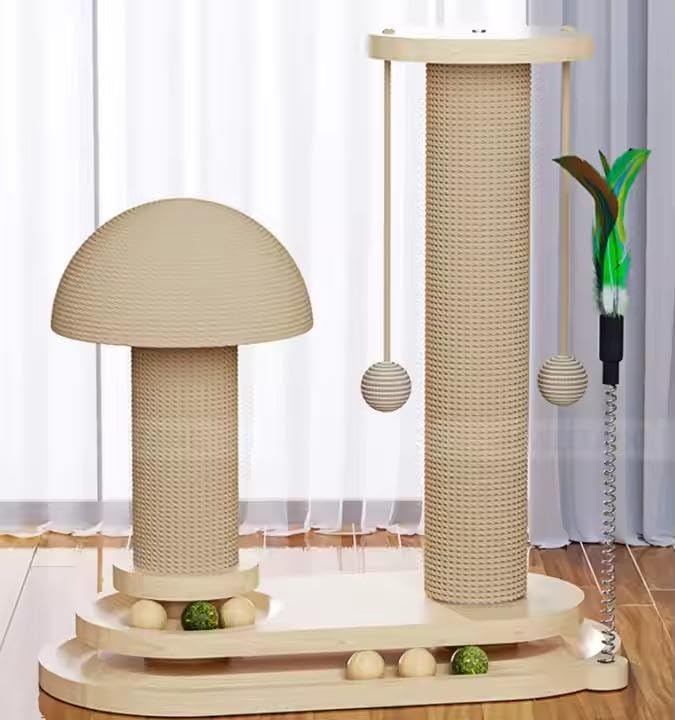 Image of Solid Pine Wood Cat Toy Scratching Post Tower with Roller Ball Track, Catnip Balls & Feather Teaser - 2-Level Sisal Cat Scratcher Activity Tower for Indoor Cats- Double Tower