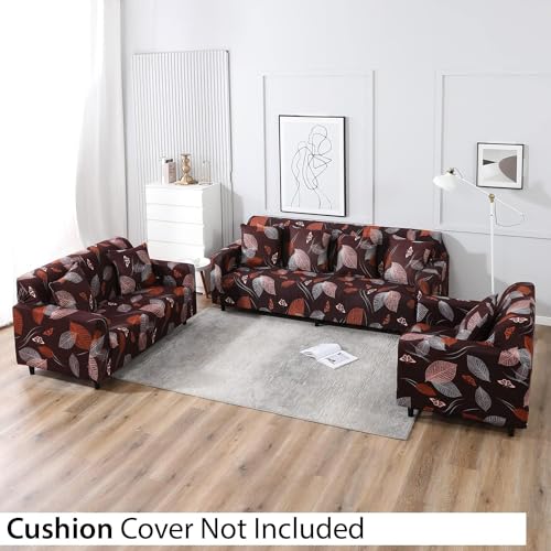 Image of Gurnoor Sofa Cover One 3 Seater and Two 1 Seater Fully Covered Universal 5 Seater for Living Room Non-Slip Sticky Elastic Stretchable Couch Sofa Set Slipcover Protector(Dark Brown Leaf)