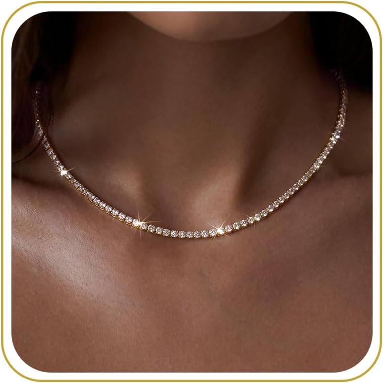 Tewiky Choker Necklaces for Women 14k Gold Plated Tennis Necklace