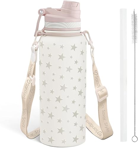 Miniatura 18 de SANDJEST Botella de agua de acero inoxidable con correa de 32 onzas, botellas aisladas con popote y tapa de boquilla para gimnasio, deportes, viajes