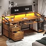 SEDETA 63' Computer Desk, Office Desk with Lock Drawers for Legal/Letter File, Gaming Desk with LED Light & Power Outlet, Home Office Desks for Printer, Rustic Brown
