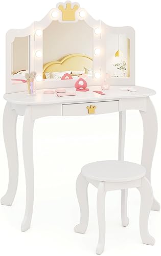 Miniatura 11 de HONEY JOY Tocador Infantil, Juego de Mesa y Silla de Maquillaje Temática de Corona para Niños con Cajón y Espejo Plegable, Espejo Desmontable, Juego