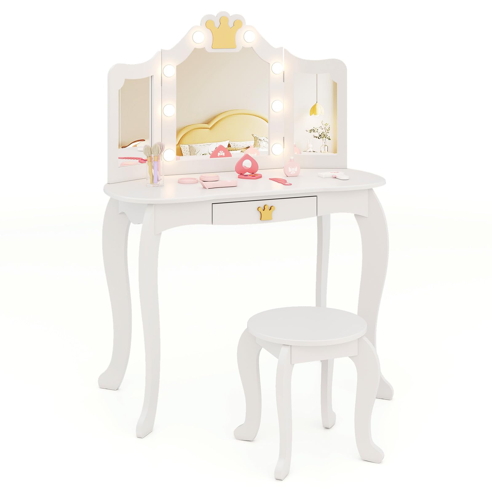 Honey Joy Kids Vanity With Lights Crown Girls Vanity Set