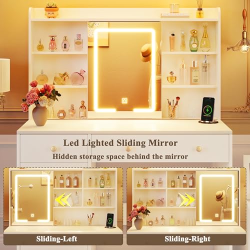 Image of HUAHUU 37.4 inch Vanity Desk with Mirror and Lights, Makeup Vanity with LED Sliding Mirror, 3-Color Lights, USB /Type-C Charging, White Vanity Desk with Storage Cabinet, 2 Drawers & 6 Shelves for Bedroom