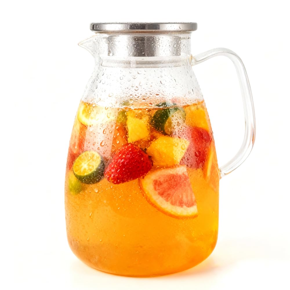 Brocca in vetro con coperchio, brocca per acqua con manico isolato per bevande calde e fredde, grande barattolo di vetro in vetro borosilicato alto, facile da pulire