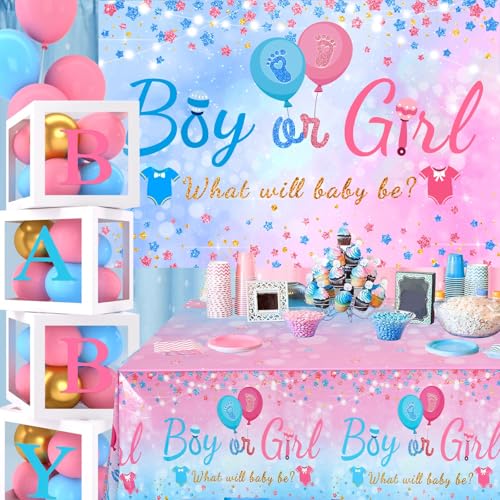Image of Baby Gender Reveal Party Decorations - Pink Blue Balloon Arch Garland Kits With 4pcs Balloon Boxes, Backdrop and Tablecloths for Baby Shower, Boy or Girl Gender Reveal Party Ideas Supplies
