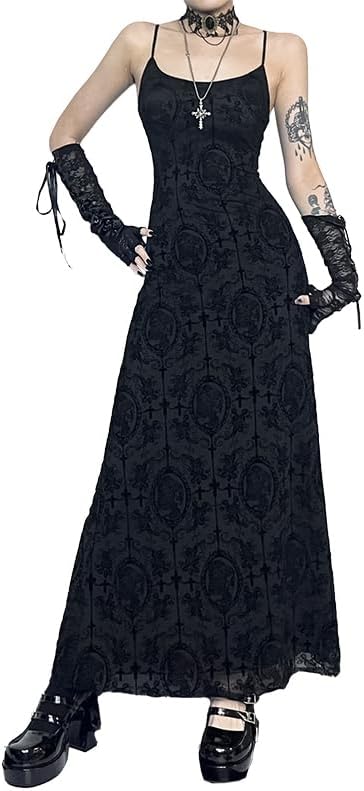 LANSHULAN Gothic Women Sexy Flocking Print Halter Goth Dress Without Gloves