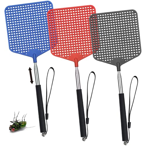 3 Stück Fliegenklatsche, Fliegenklatsche Ausziehbar, Fliegenklatsche Hand, Insektenklatsche mit Stark Teleskop Griffür Für Verwendet, Mücken Und Andere Insekten Abzuwehren(Schwarz, Rot, Blau)