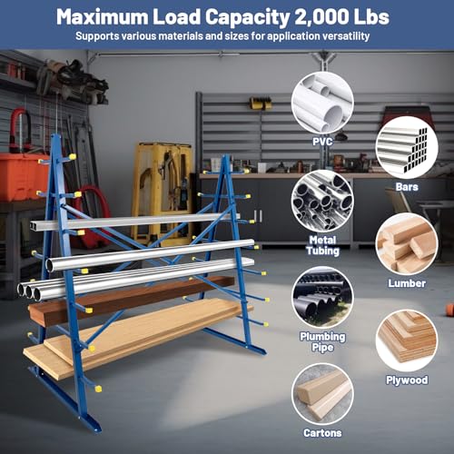 2000 lbs Horizontal Storage Rack, 60\"D x 66\"H x 36\" W Heavy Duty Freestanding Steel Horizontal Bar, Pipe, Long Parts Storage Rack, 7-Level Wood Lumber Shelf Organizer for Garage Workshop Shed, Blue - Thumbnail 4
