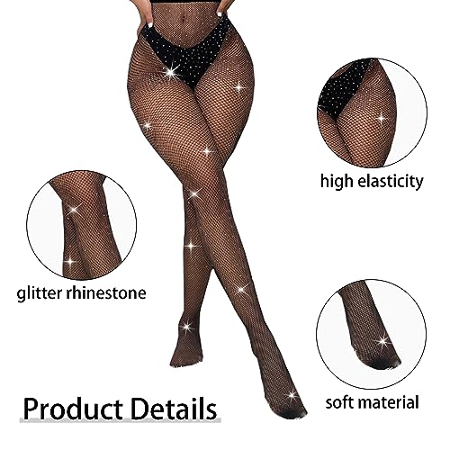 2 Pack Sparkly Fishnet Tights For Women Sexy Glitter Fishnet Leggings Rhinestone Fishnets Stockings(Black)2